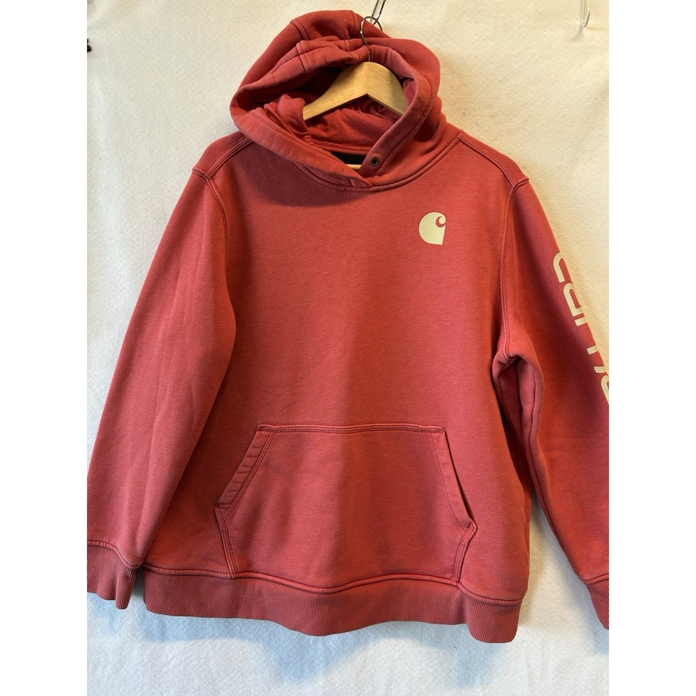 Carhartt Women's 1X Relaxed Fit Midweight Logo Sleeve Graphic Hoodie Red Pink